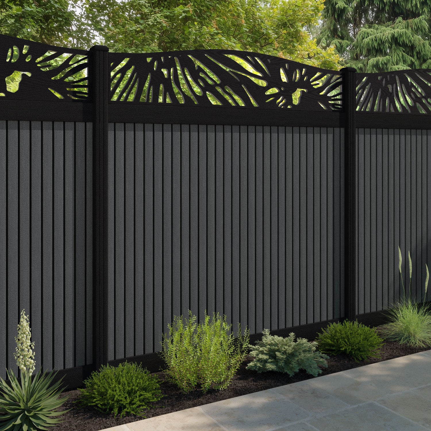 Virtis Poppy Curved Top Fence Panel - Dark Grey - with our aluminium posts