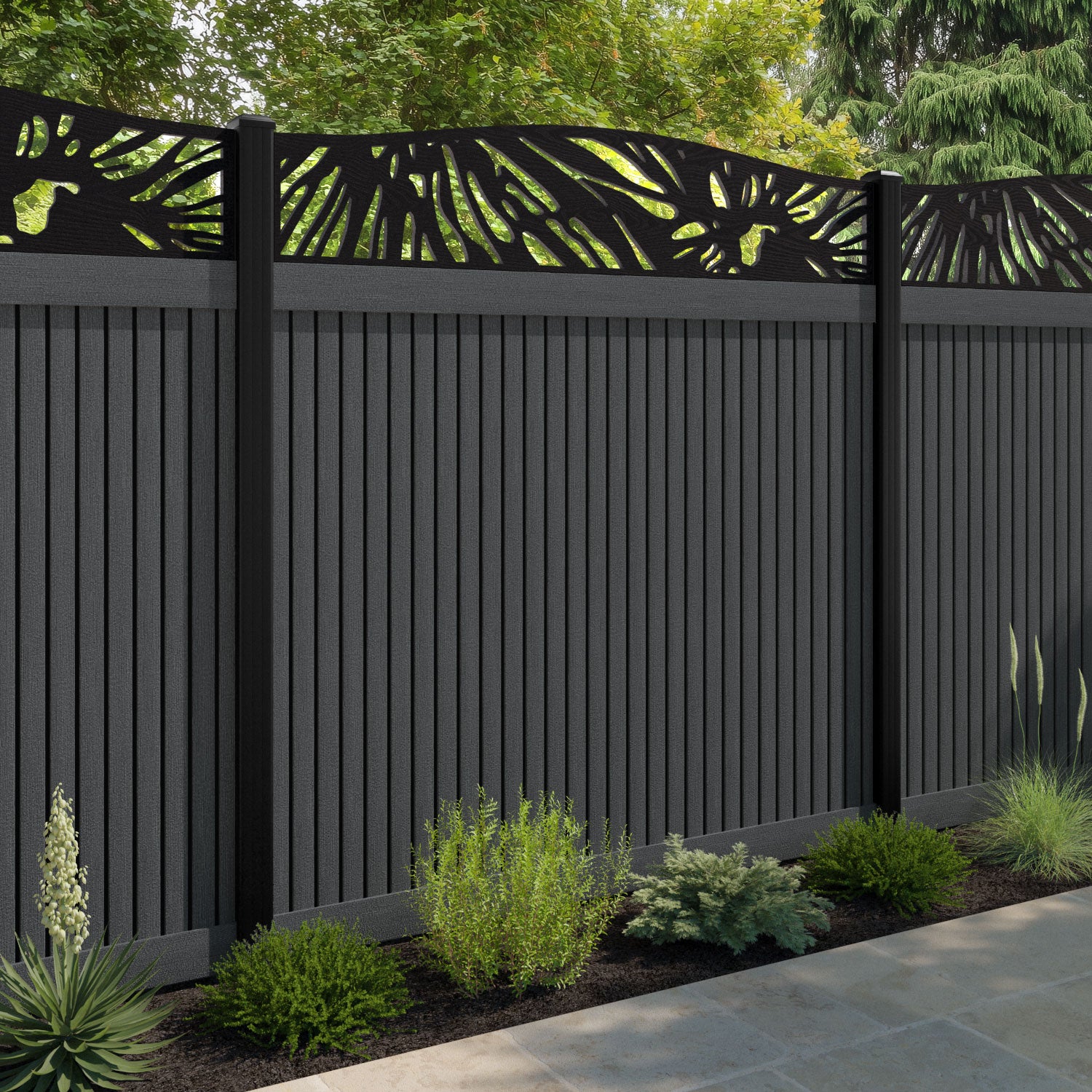 Virtis Poppy Curved Top Fence Panel - Dark Grey - with our aluminium posts