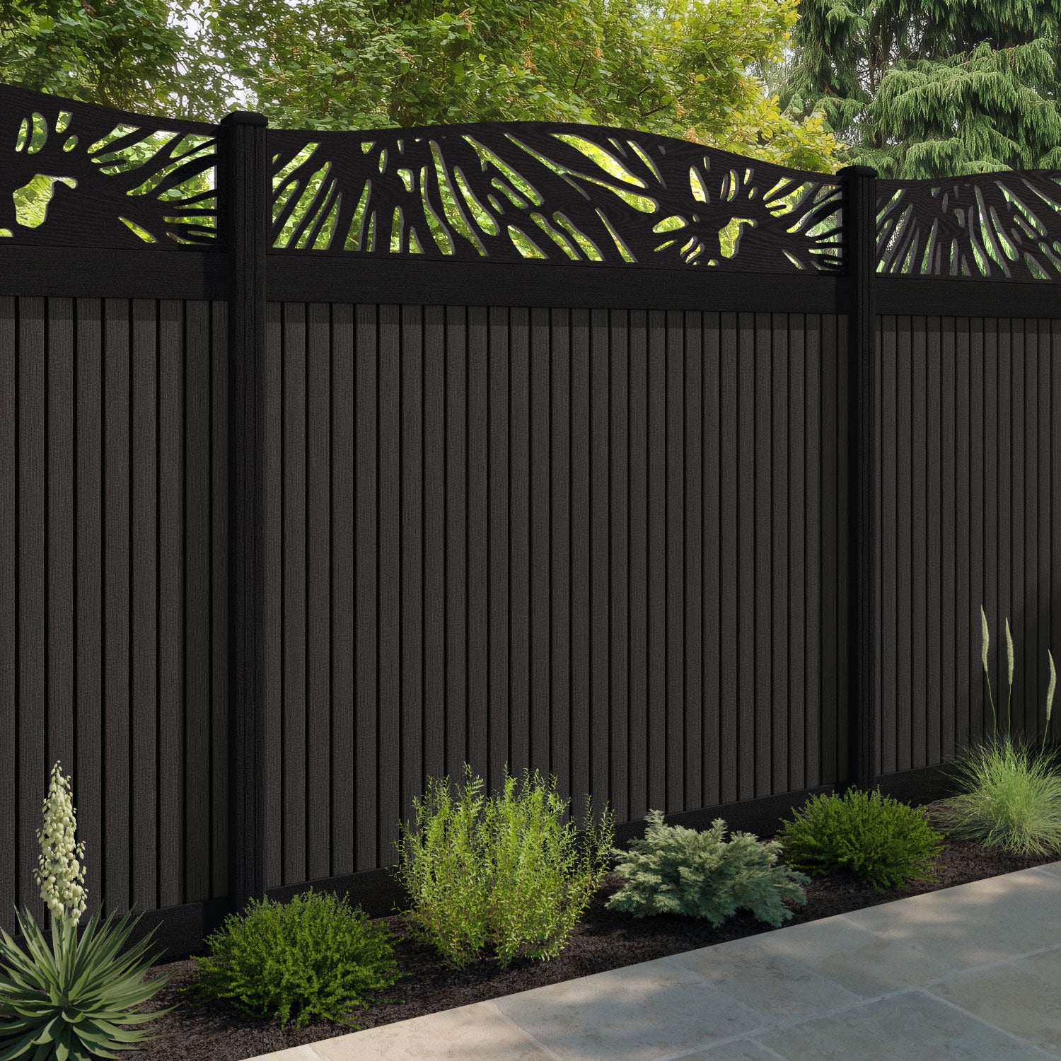 Virtis Poppy Curved Top Fence Panel - Dark Oak - with our aluminium posts