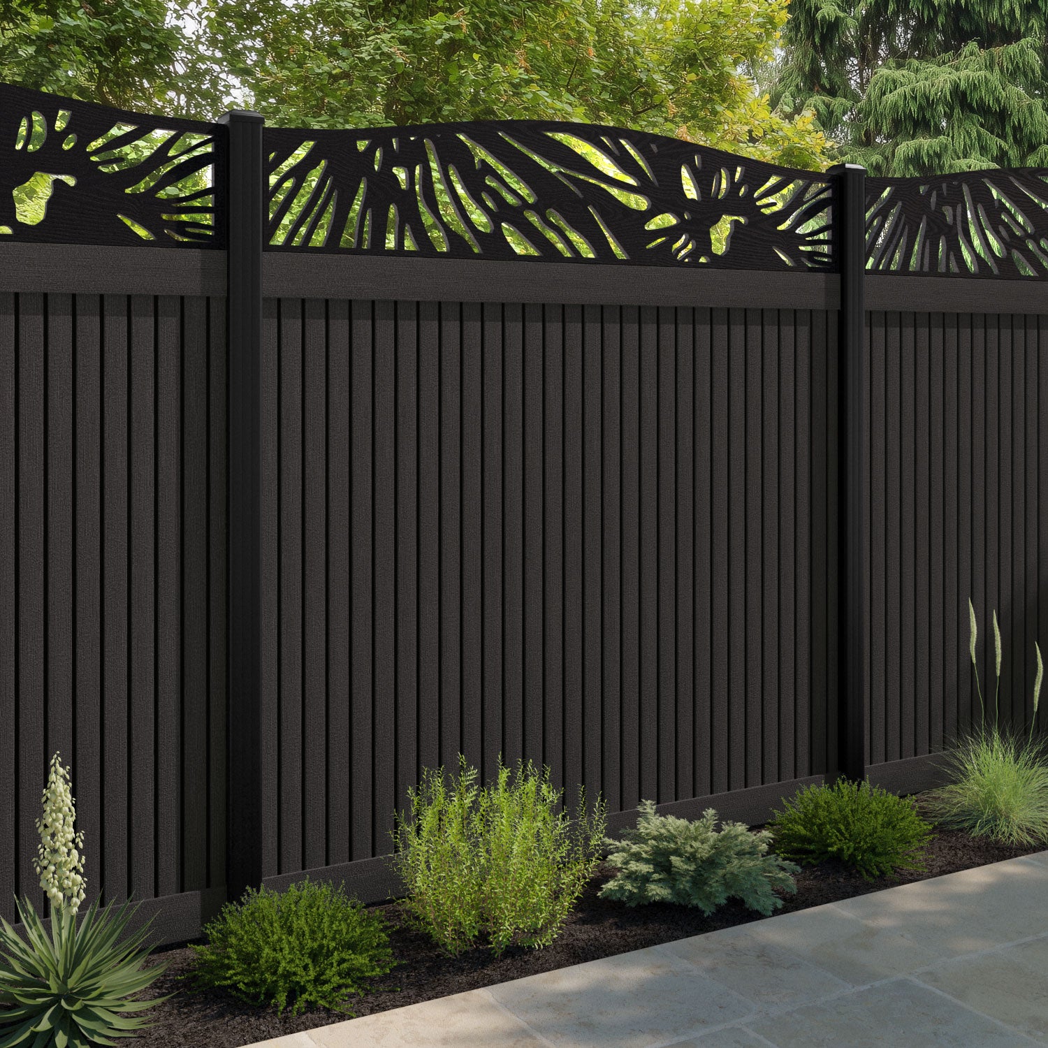 Virtis Poppy Curved Top Fence Panel - Dark Oak - with our aluminium posts