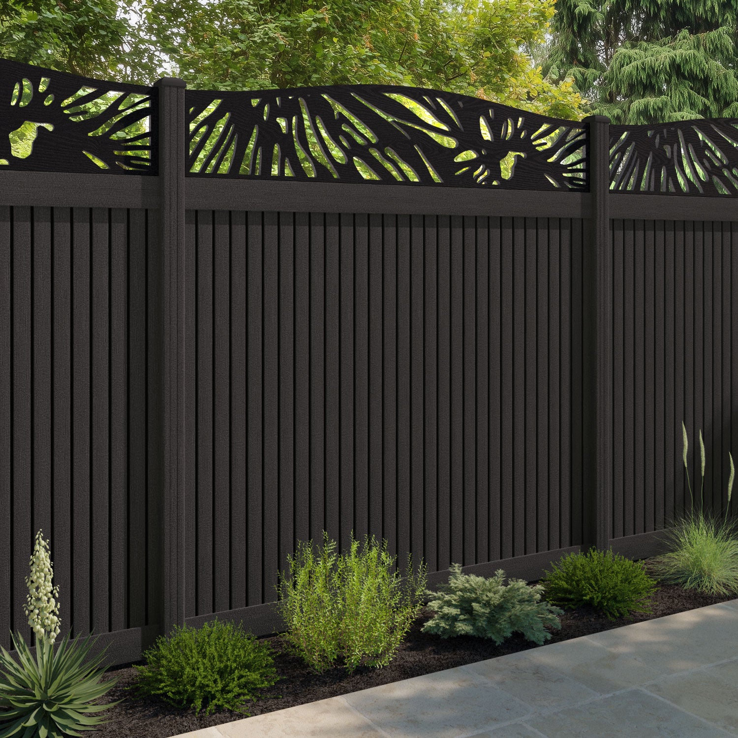 Virtis Poppy Curved Top Fence Panel - Dark Oak - with our composite posts