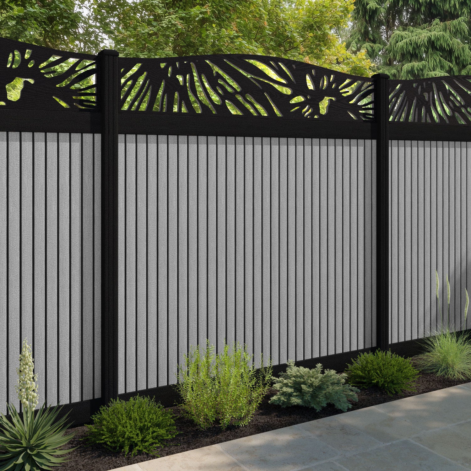 Virtis Poppy Curved Top Fence Panel - Light Grey - with our aluminium posts