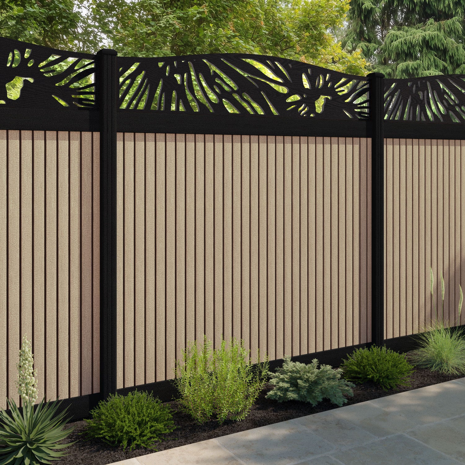 Virtis Poppy Curved Top Fence Panel - Light Oak - with our aluminium posts
