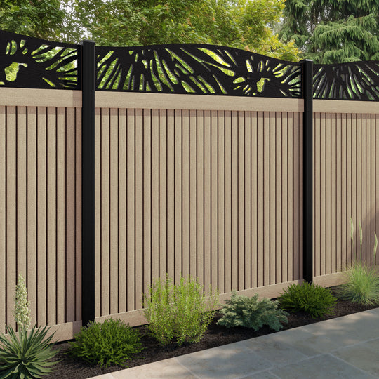 Virtis Poppy Curved Top Fence Panel - Light Oak - with our aluminium posts