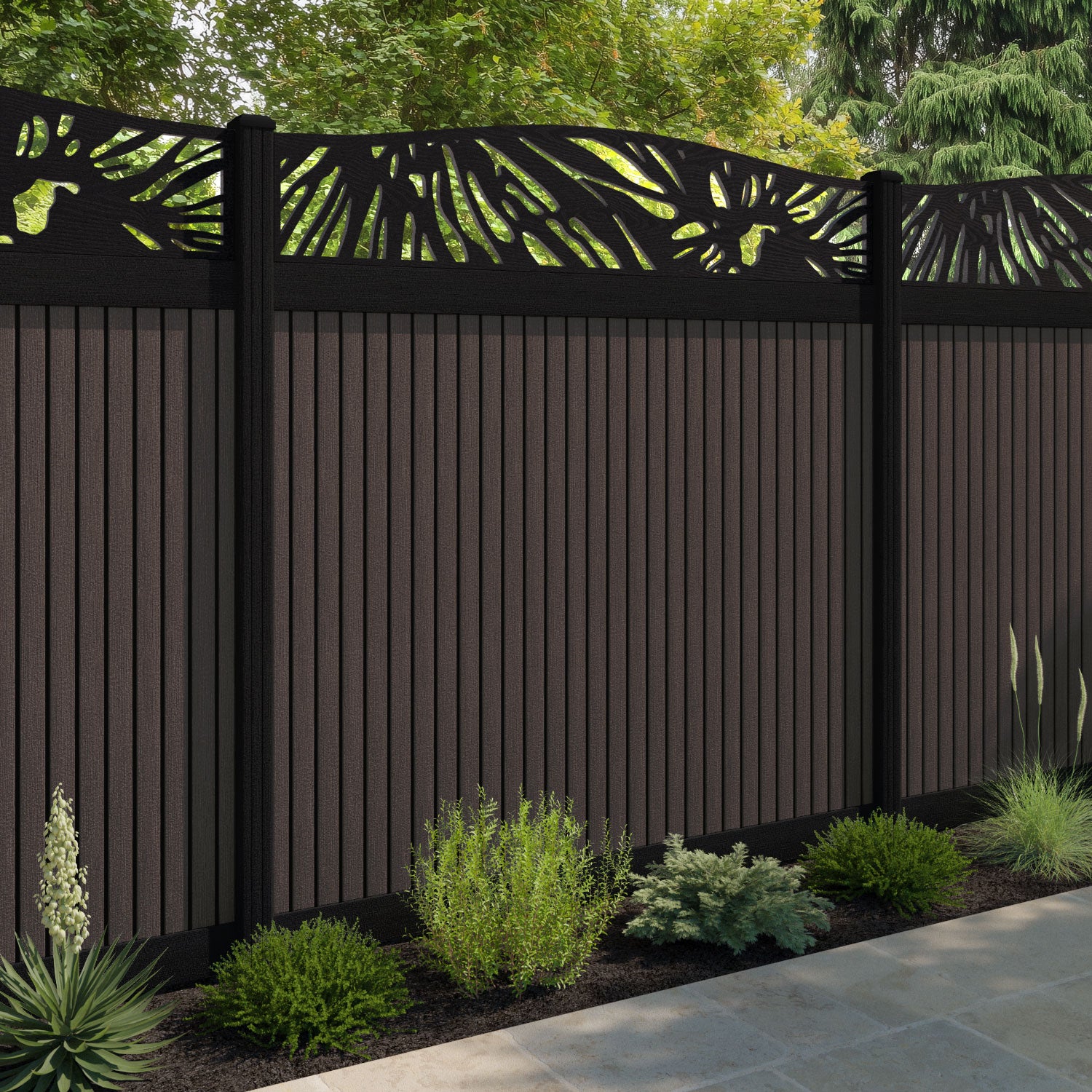 Virtis Poppy Curved Top Fence Panel - Mid Brown - with our aluminium posts