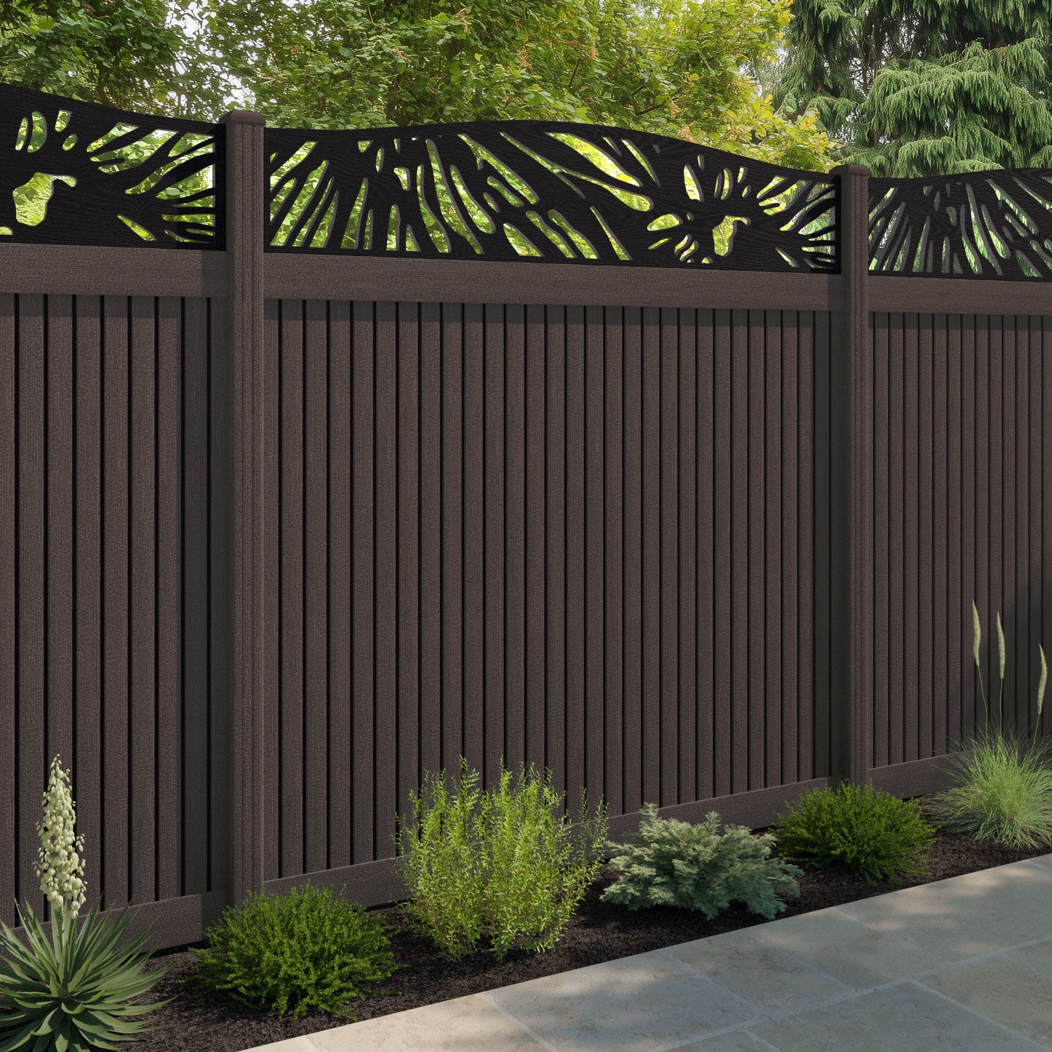 Virtis Poppy Curved Top Fence Panel - Mid Brown - with our composite posts
