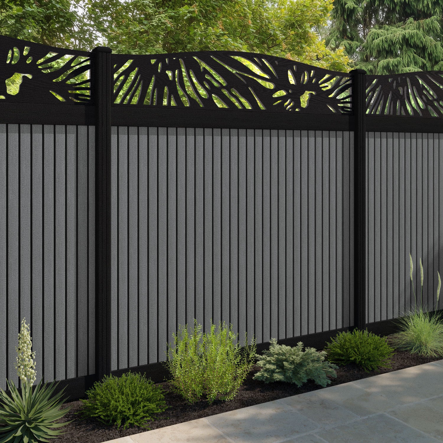 Virtis Poppy Curved Top Fence Panel - Mid Grey - with our aluminium posts