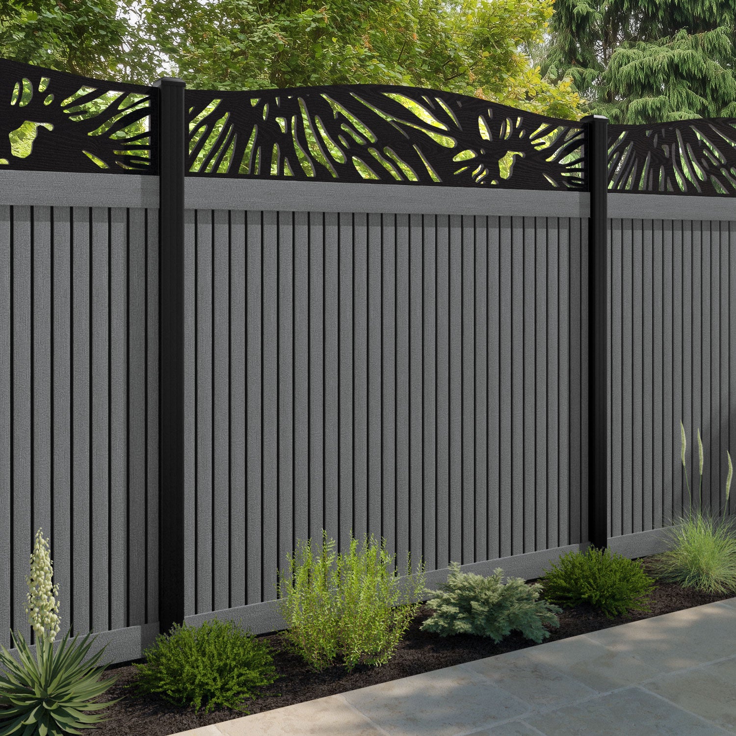 Virtis Poppy Curved Top Fence Panel - Mid Grey - with our aluminium posts