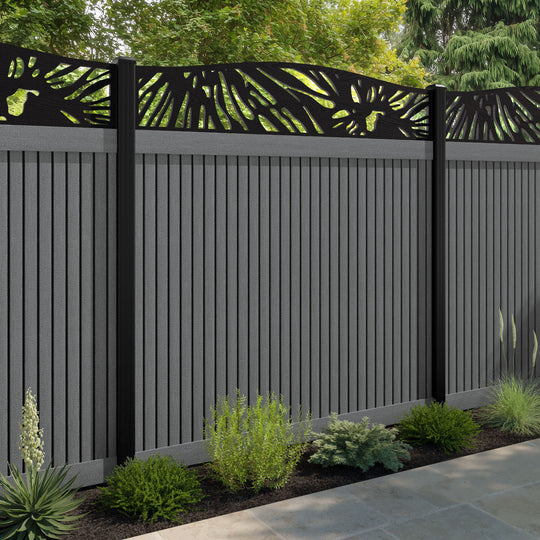 Virtis Poppy Curved Top Fence Panel - Mid Grey - with our aluminium posts