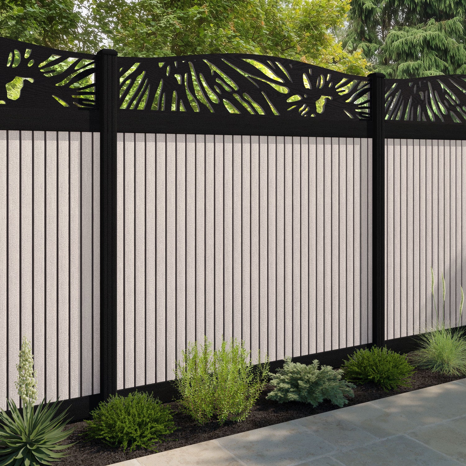 Virtis Poppy Curved Top Fence Panel - Mid Stone - with our aluminium posts