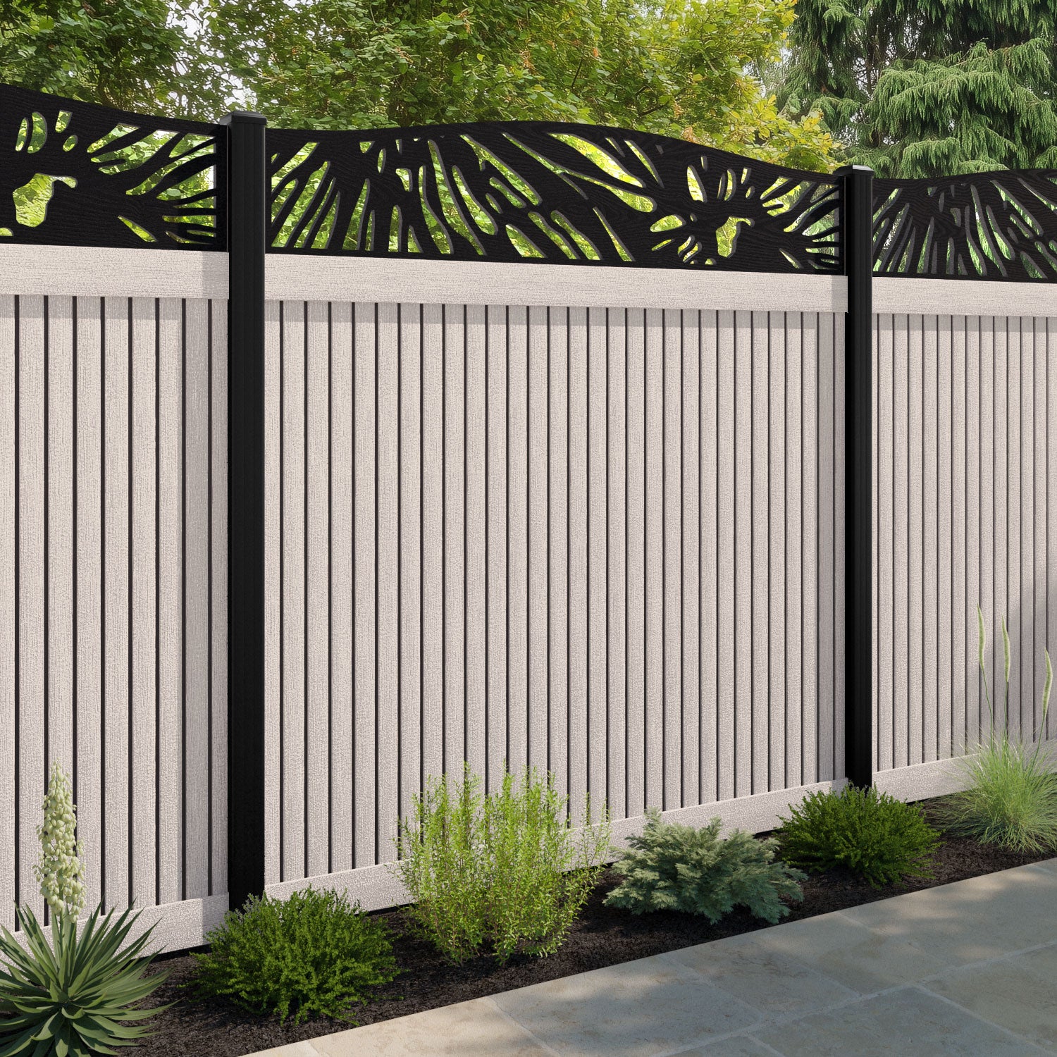 Virtis Poppy Curved Top Fence Panel - Mid Stone - with our aluminium posts