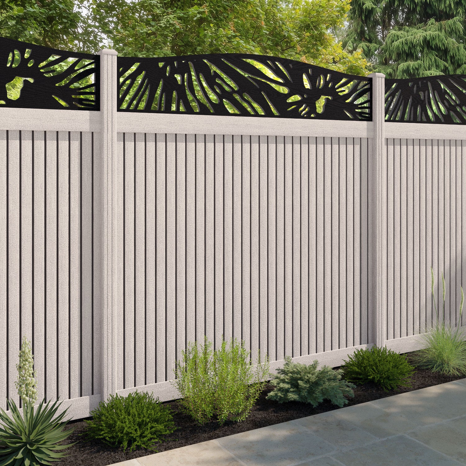 Virtis Poppy Curved Top Fence Panel - Mid Stone - with our composite posts