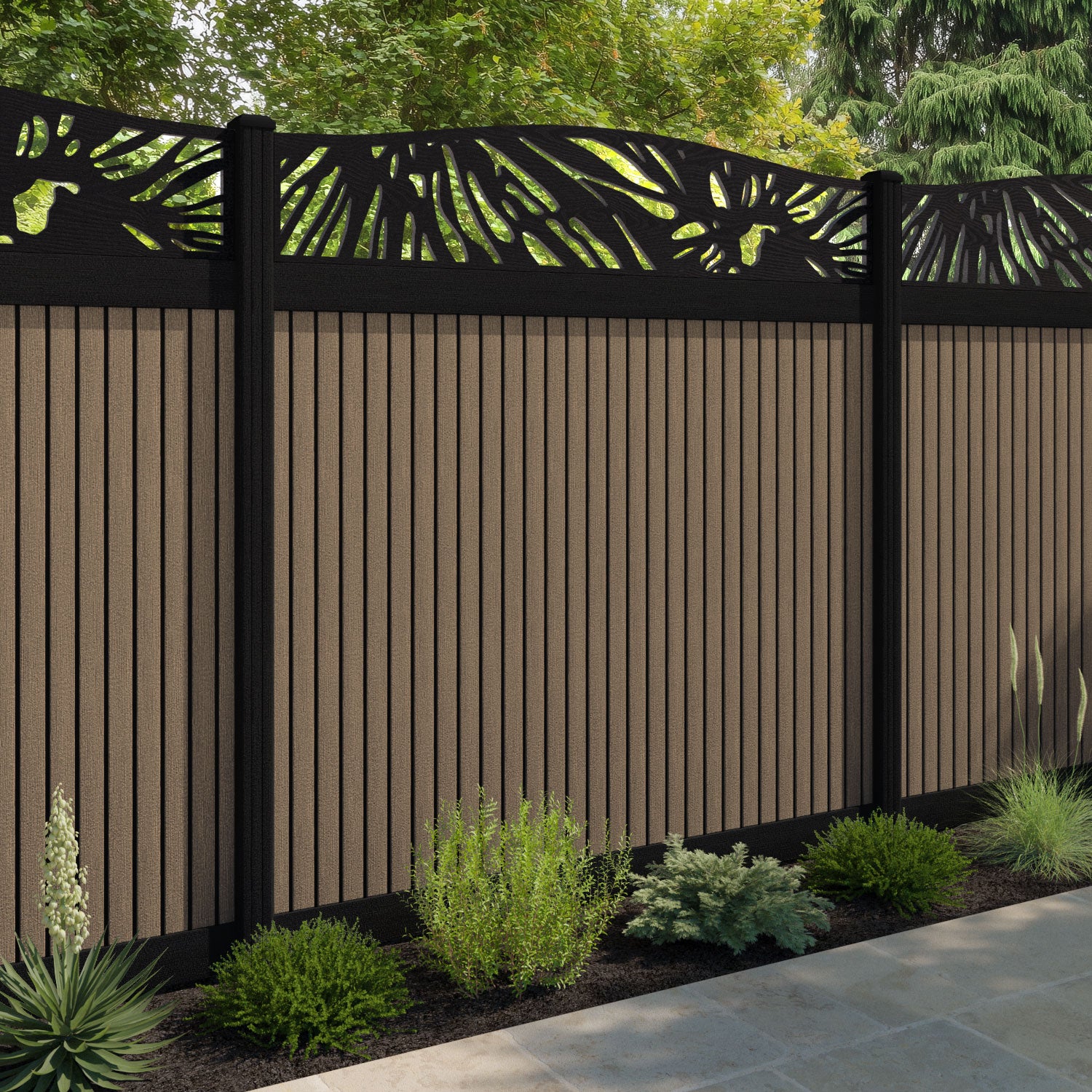 Virtis Poppy Curved Top Fence Panel - Teak - with our composite posts