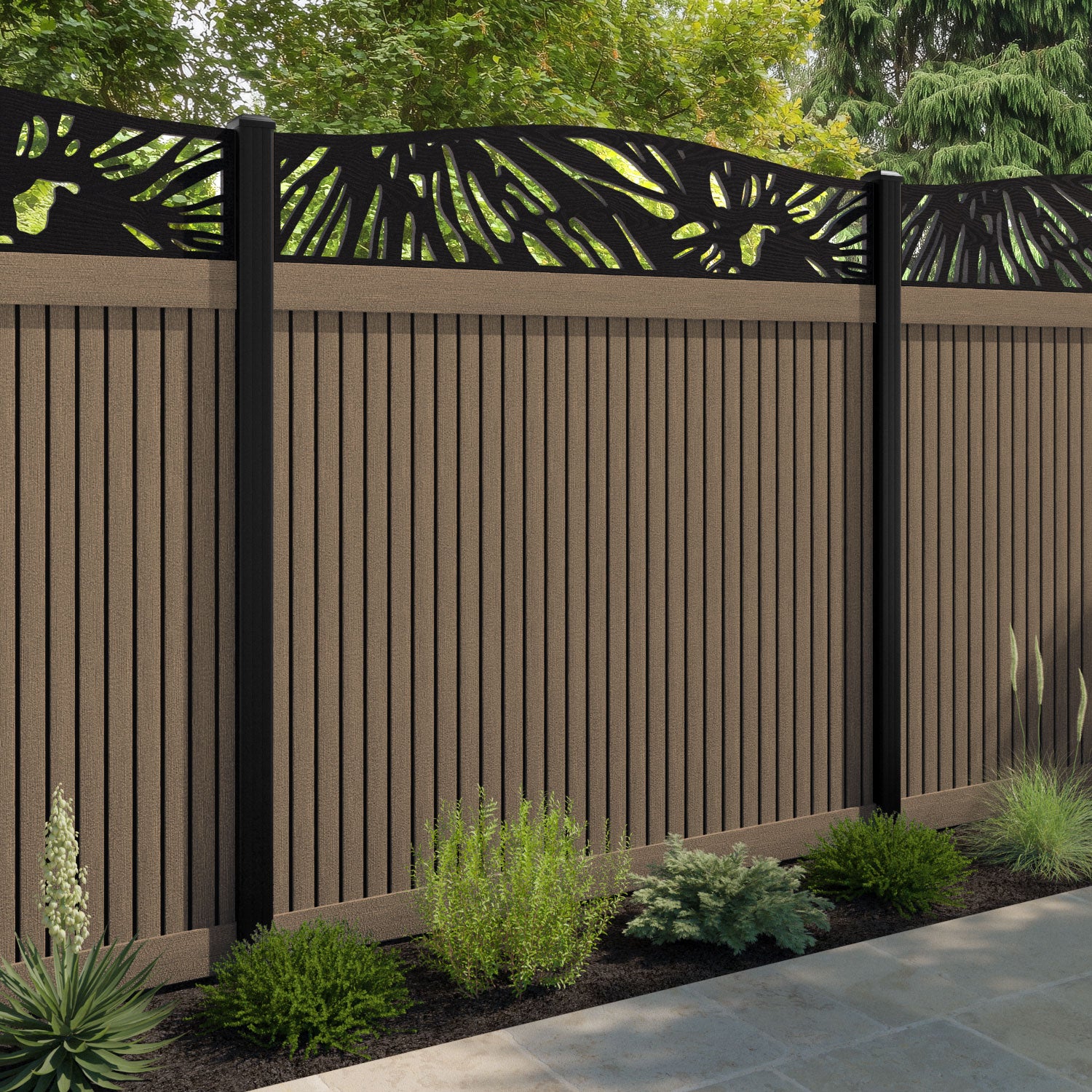 Virtis Poppy Curved Top Fence Panel - Teak - with our aluminium posts