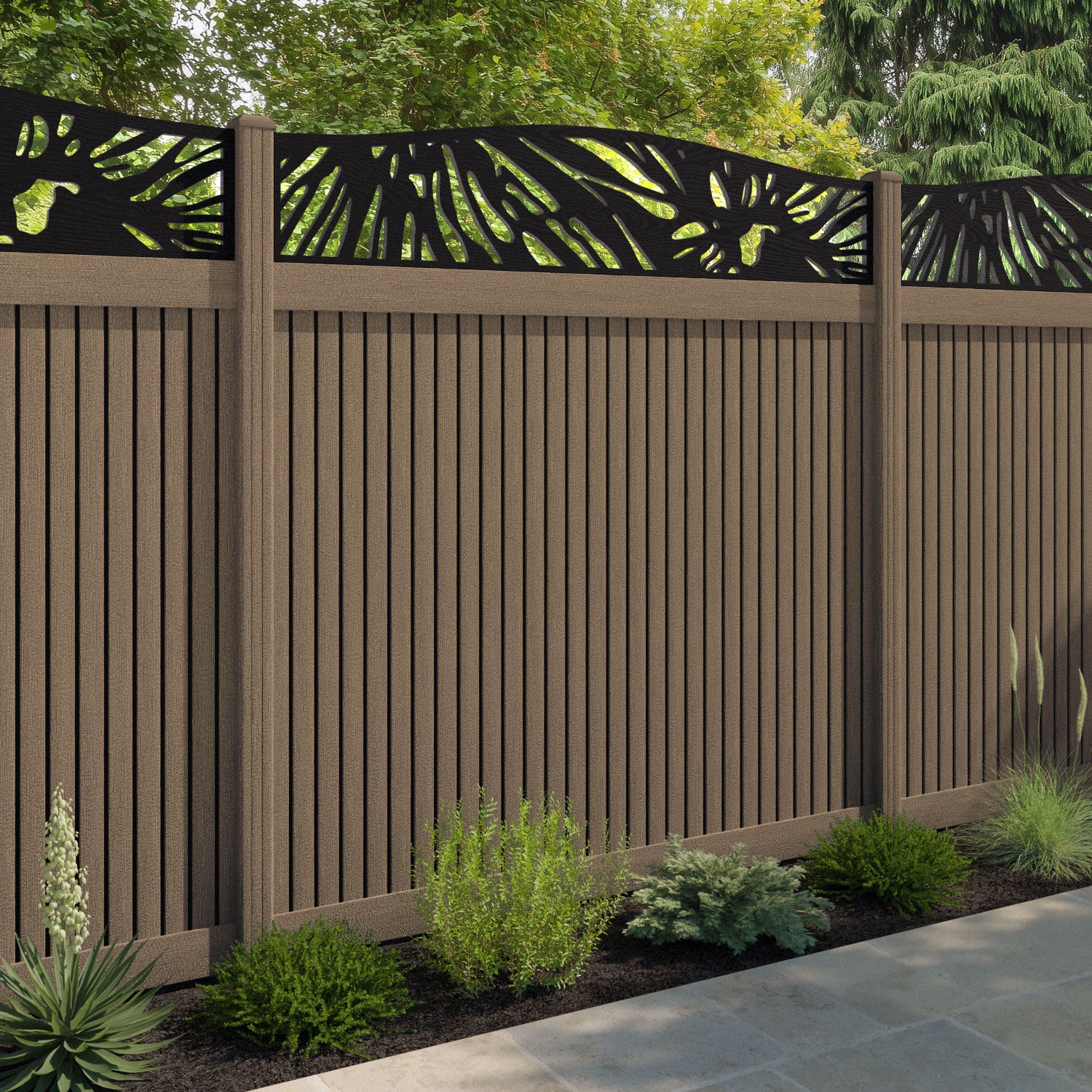 Virtis Poppy Curved Top Fence Panel - Teak - with our composite posts