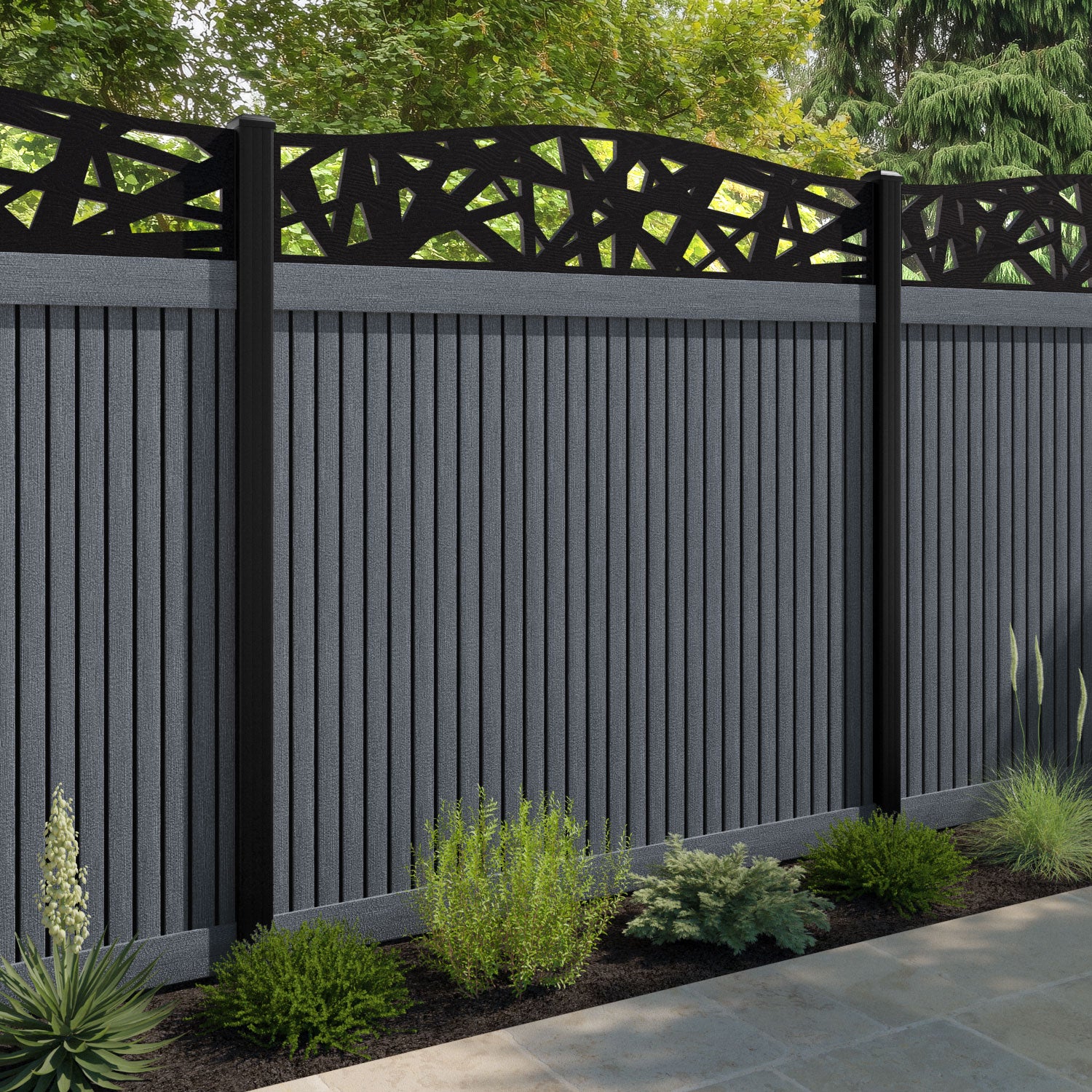 Virtis Prism Curved Top Fence Panel - Anthracite - with our aluminium posts