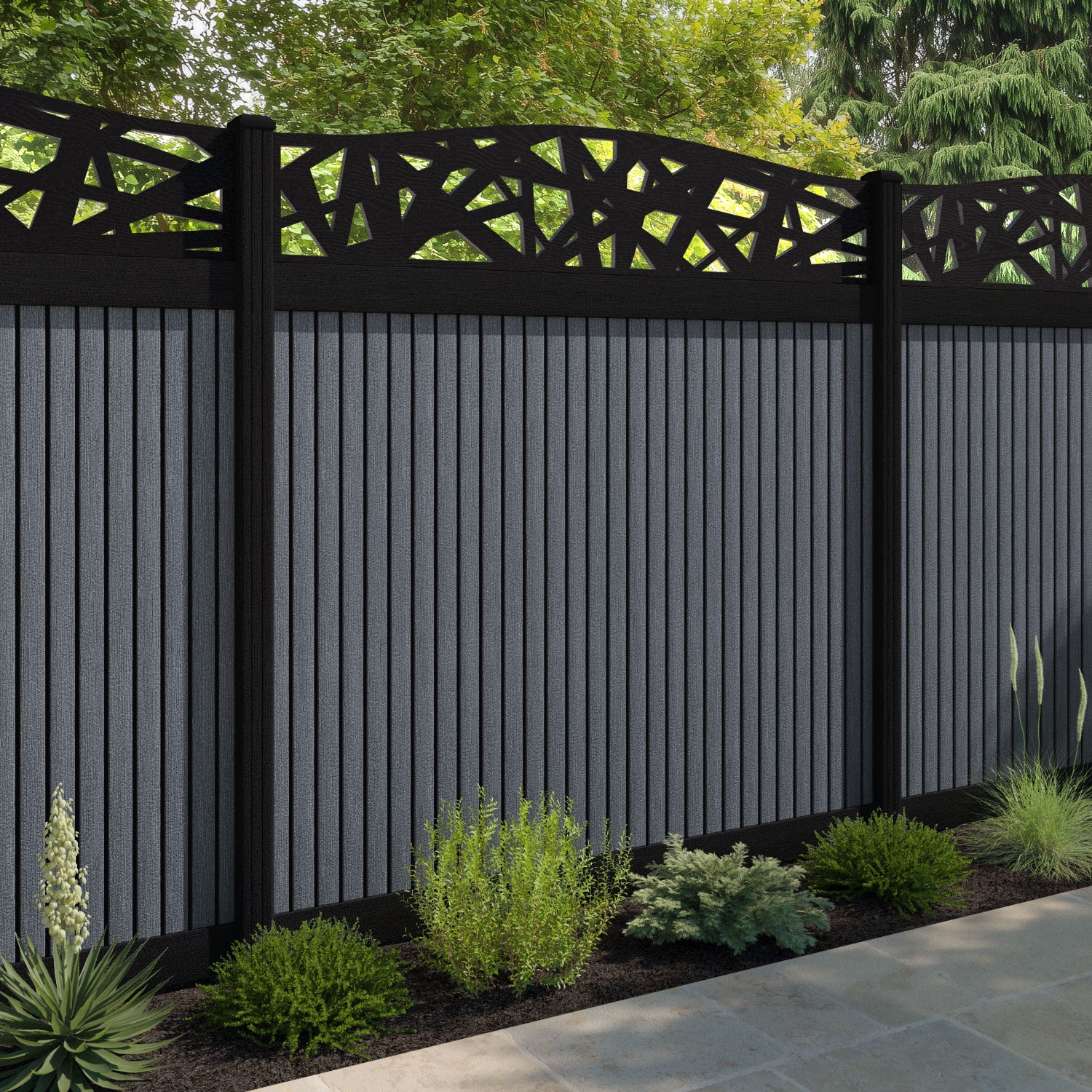 Virtis Prism Curved Top Fence Panel - Anthracite - with our aluminium posts