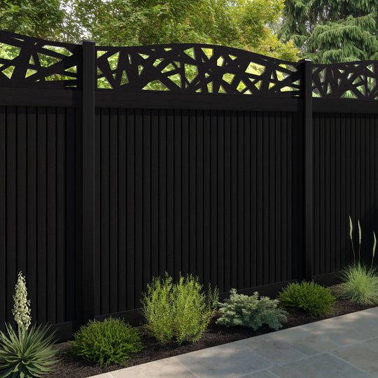 Virtis Prism Curved Top Fence Panel - Black - with our aluminium posts