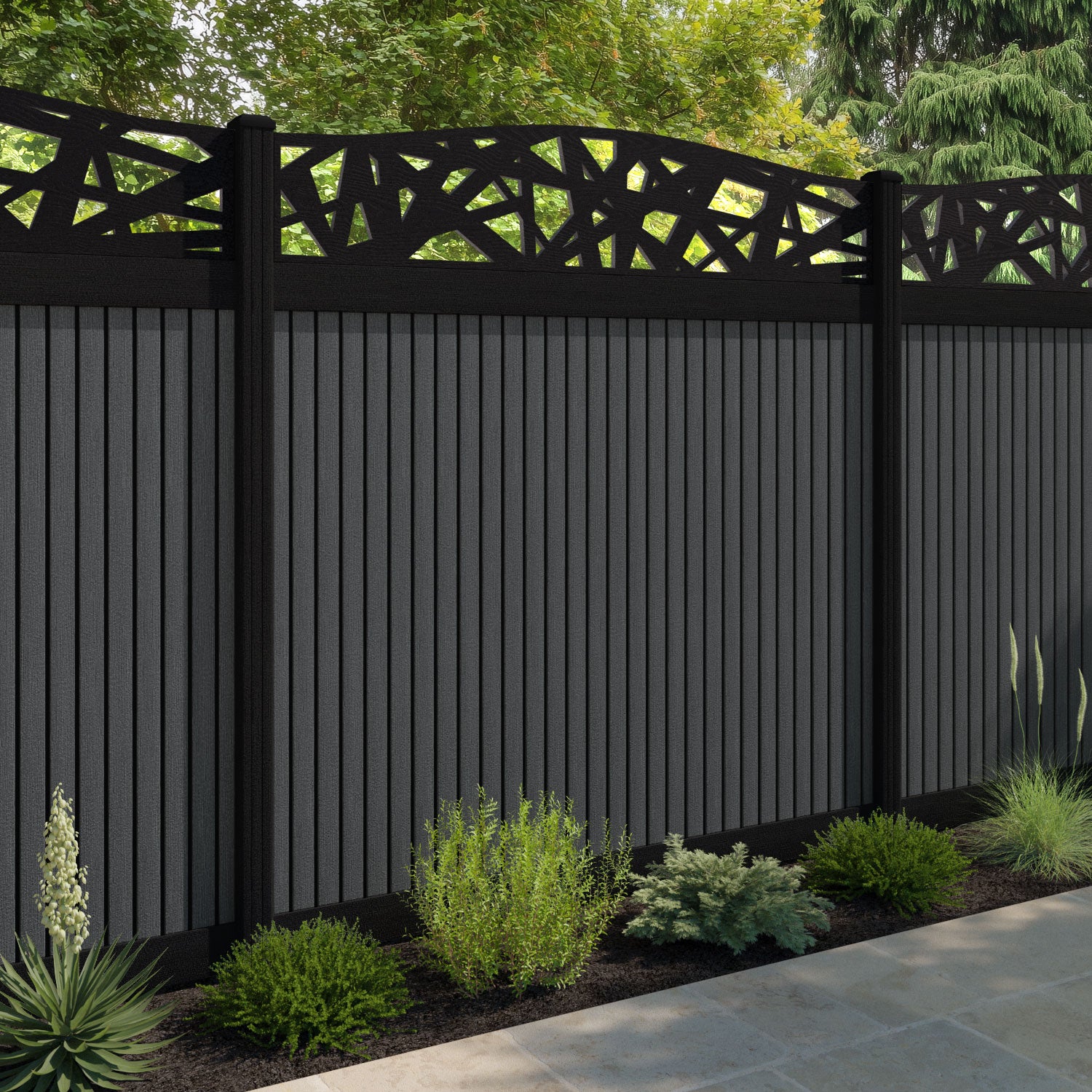 Virtis Prism Curved Top Fence Panel - Dark Grey - with our composite posts