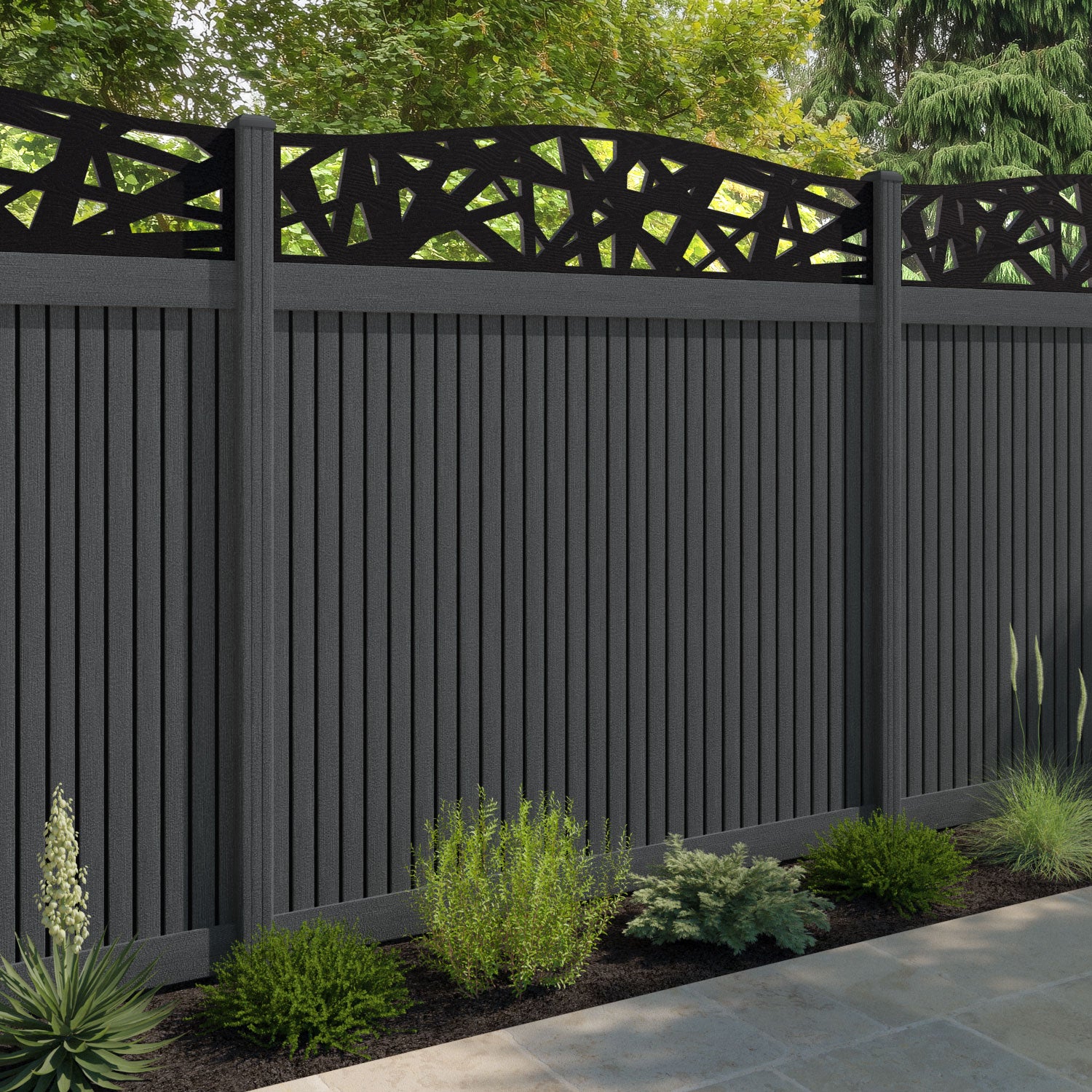 Virtis Prism Curved Top Fence Panel - Dark Grey - with our composite posts
