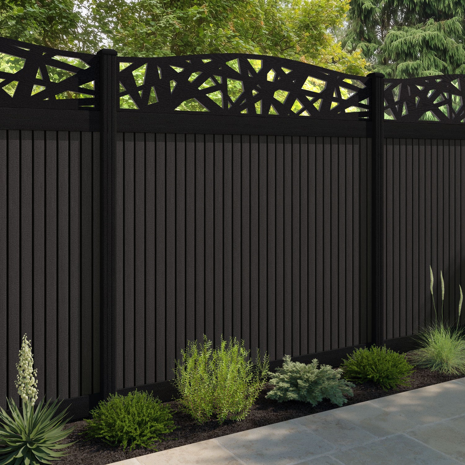 Virtis Prism Curved Top Fence Panel - Dark Oak - with our aluminium posts