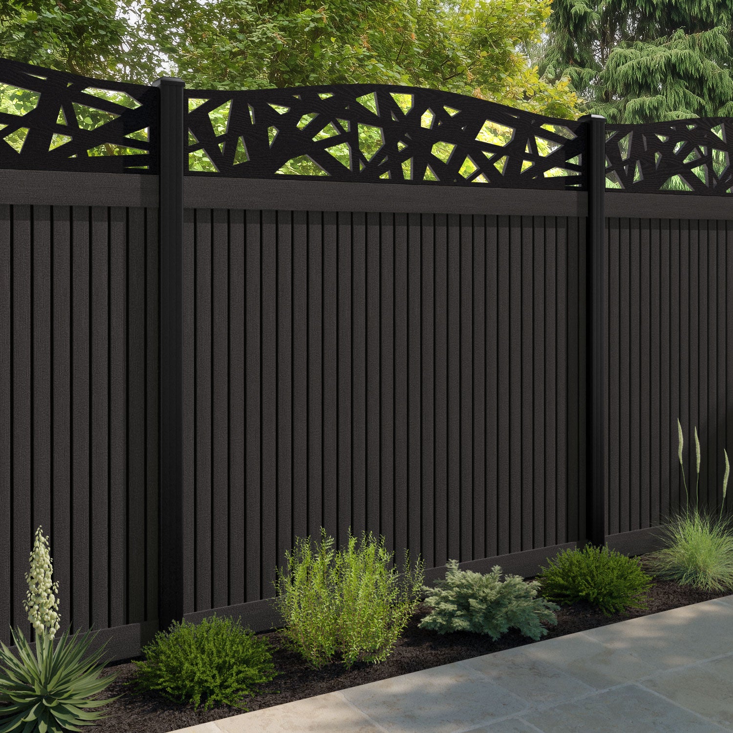 Virtis Prism Curved Top Fence Panel - Dark Oak - with our aluminium posts