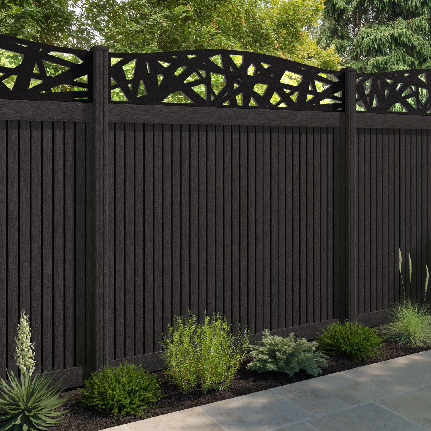 Virtis Prism Curved Top Fence Panel - Dark Oak - with our composite posts