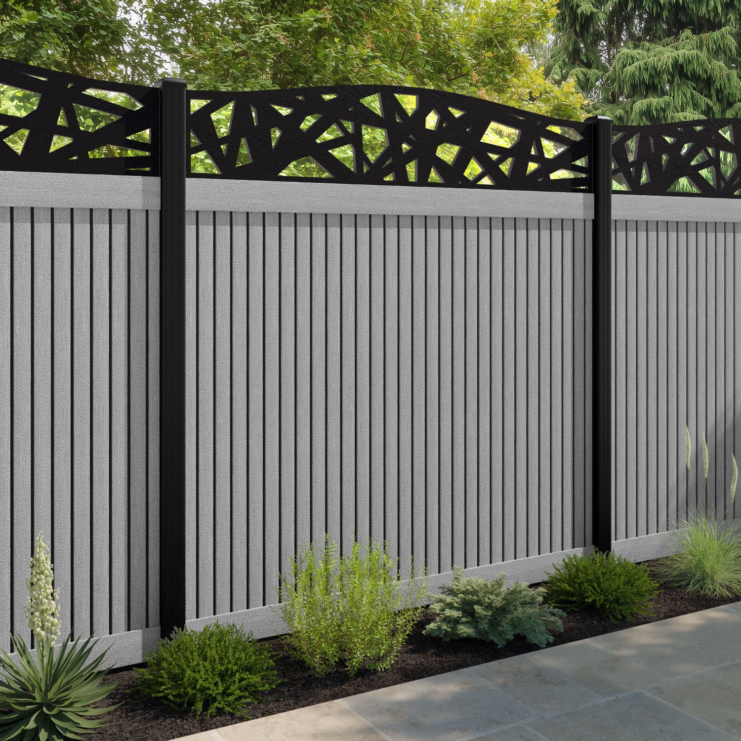 Virtis Prism Curved Top Fence Panel - Light Grey - with our composite posts