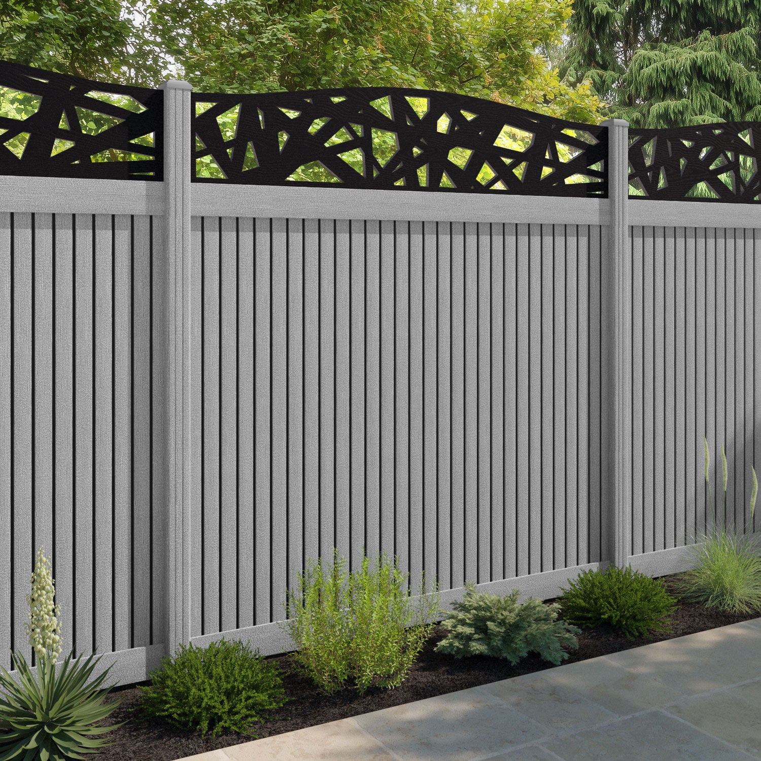 Virtis Prism Curved Top Fence Panel - Light Grey - with our composite posts