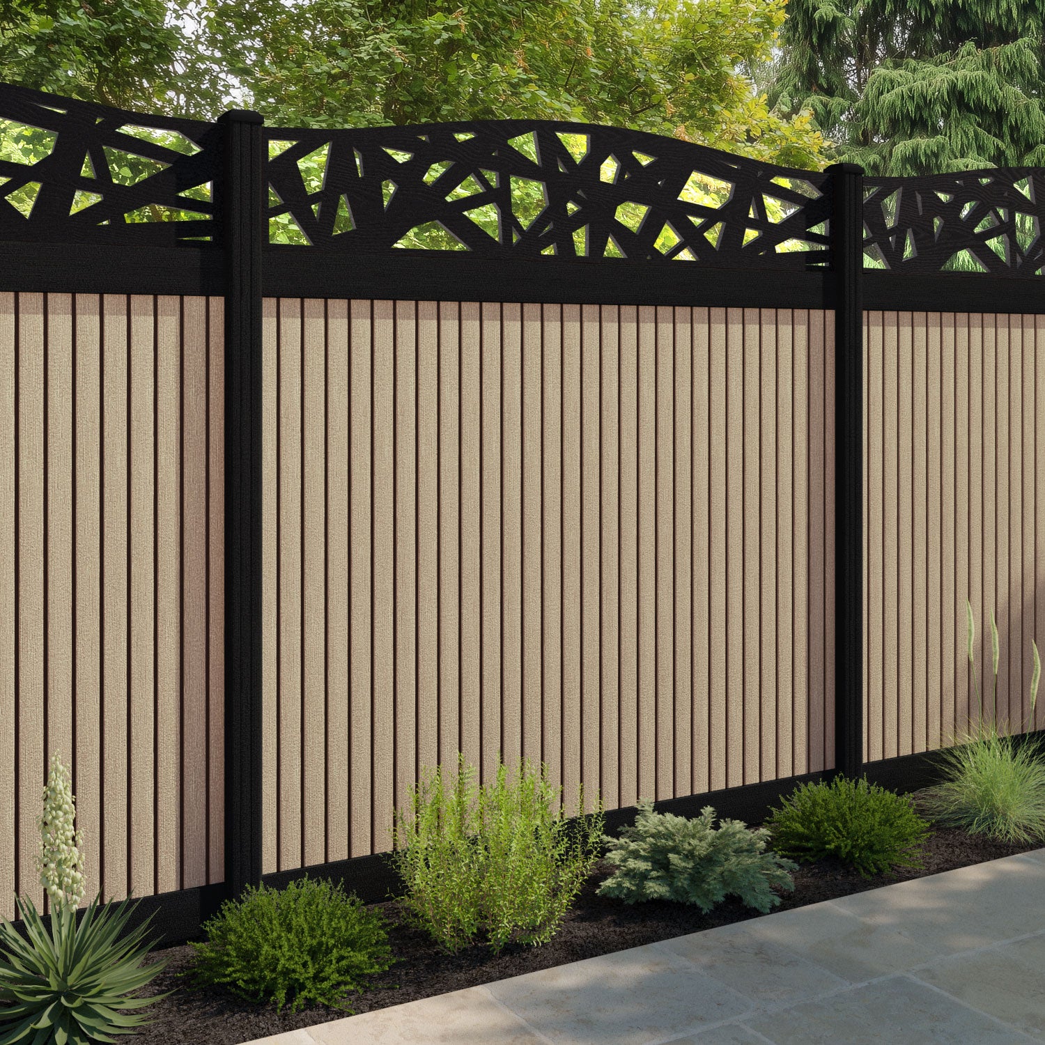 Virtis Prism Curved Top Fence Panel - Light Oak - with our aluminium posts