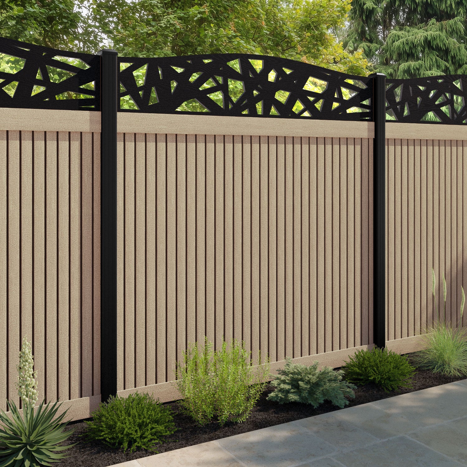 Virtis Prism Curved Top Fence Panel - Light Oak - with our composite posts