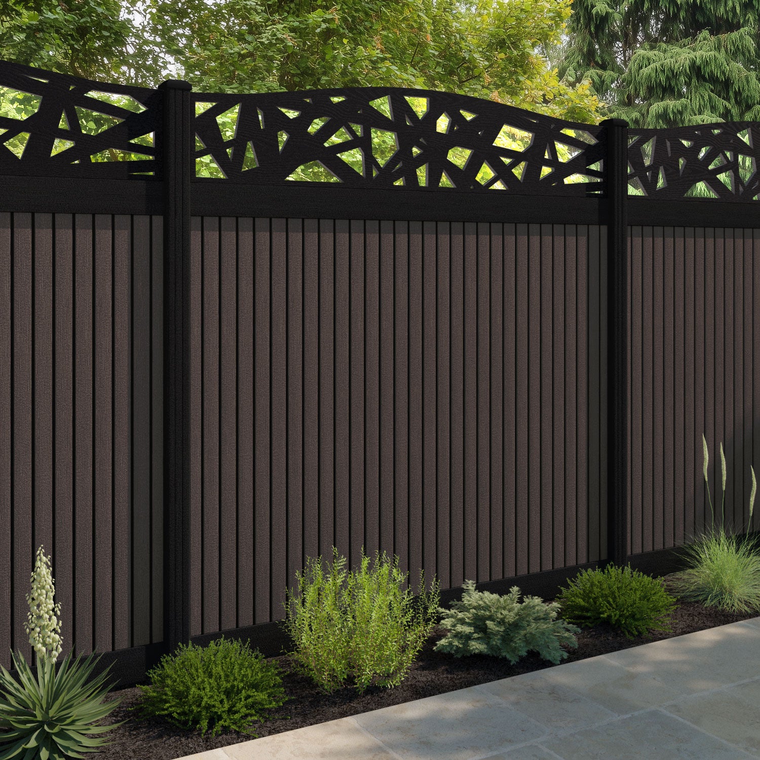 Virtis Prism Curved Top Fence Panel - Mid Brown - with our composite posts