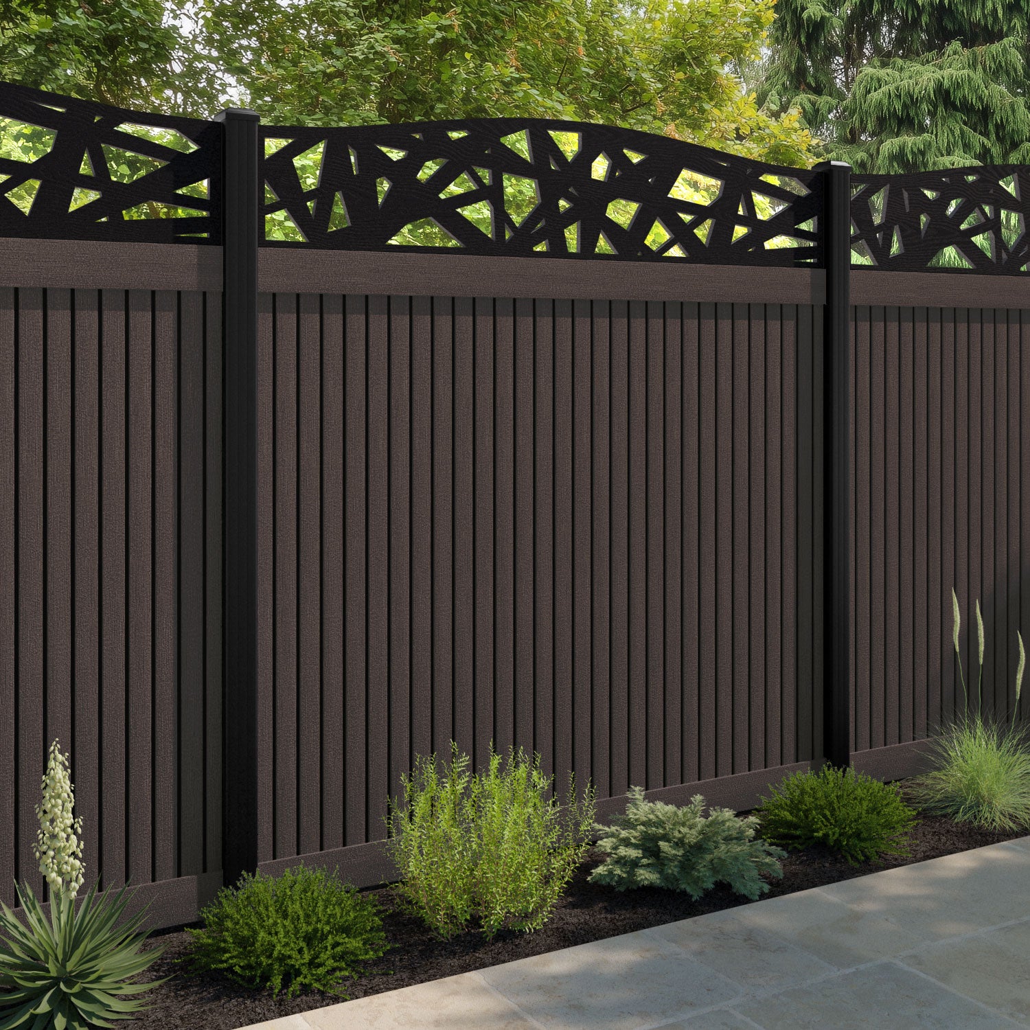 Virtis Prism Curved Top Fence Panel - Mid Brown - with our aluminium posts