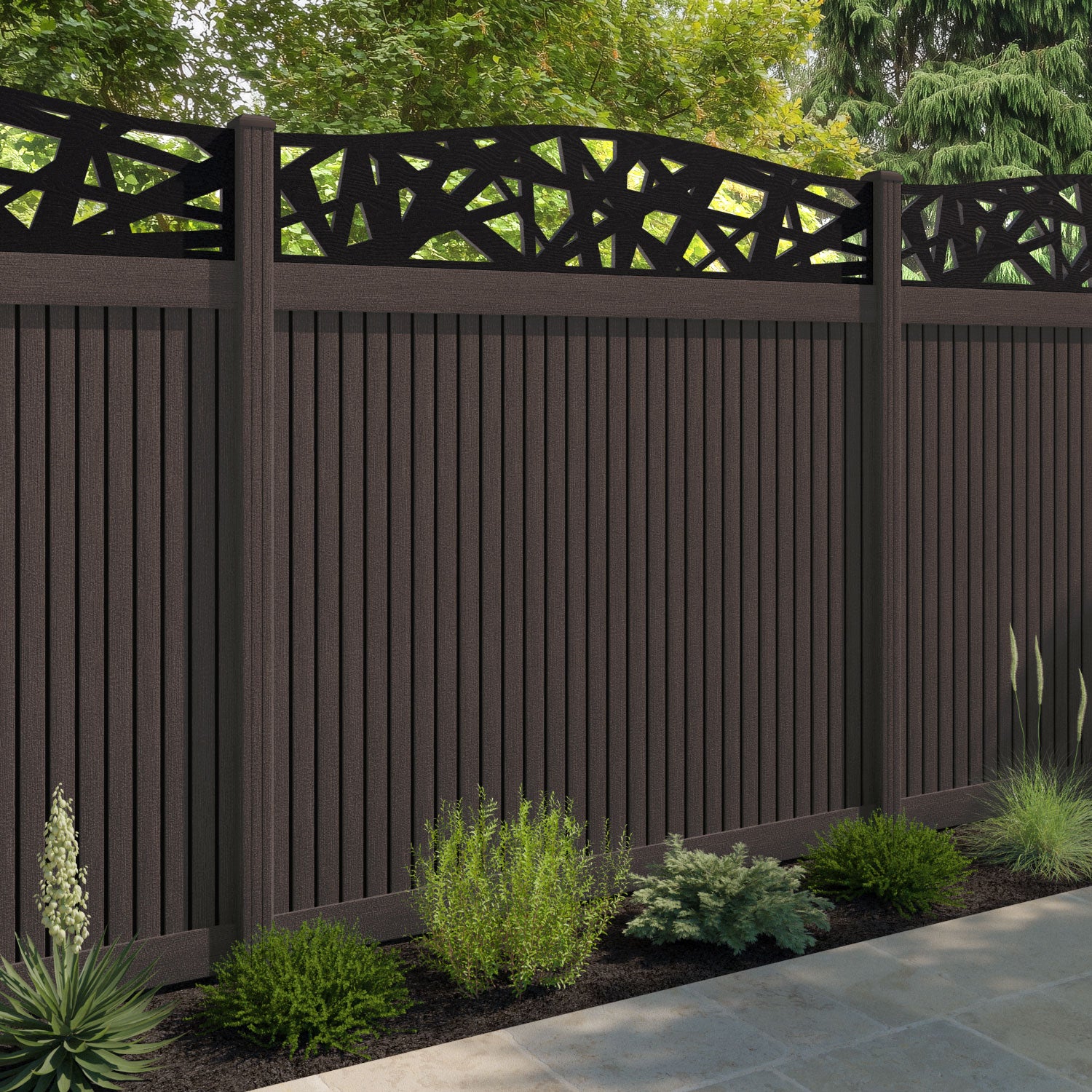Virtis Prism Curved Top Fence Panel - Mid Brown - with our composite posts