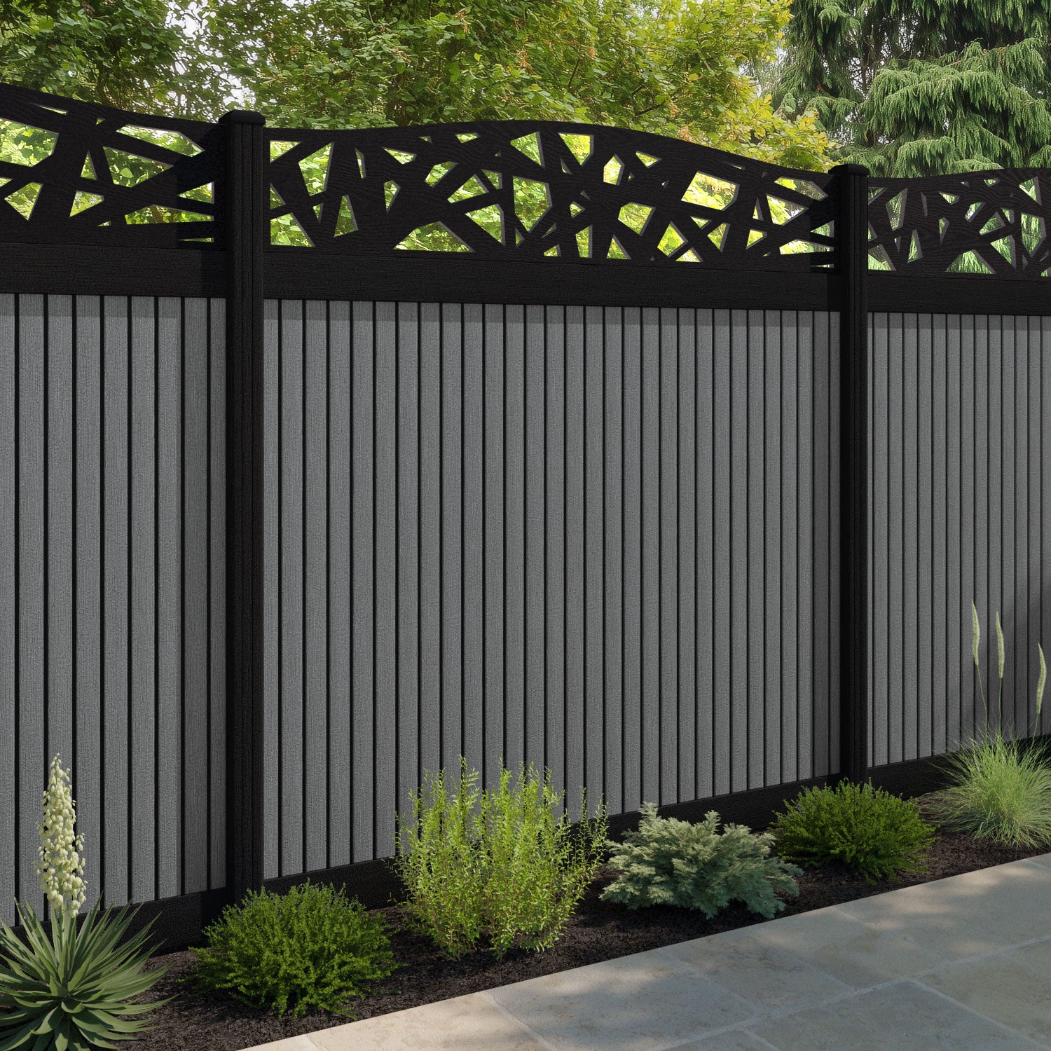 Virtis Prism Curved Top Fence Panel - Mid Grey - with our aluminium posts