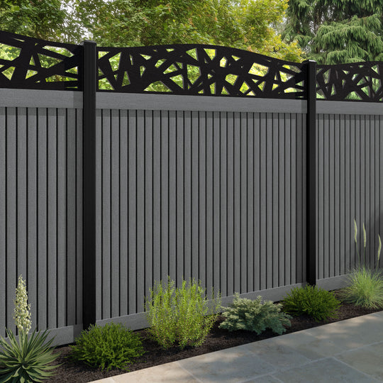 Virtis Prism Curved Top Fence Panel - Mid Grey - with our aluminium posts