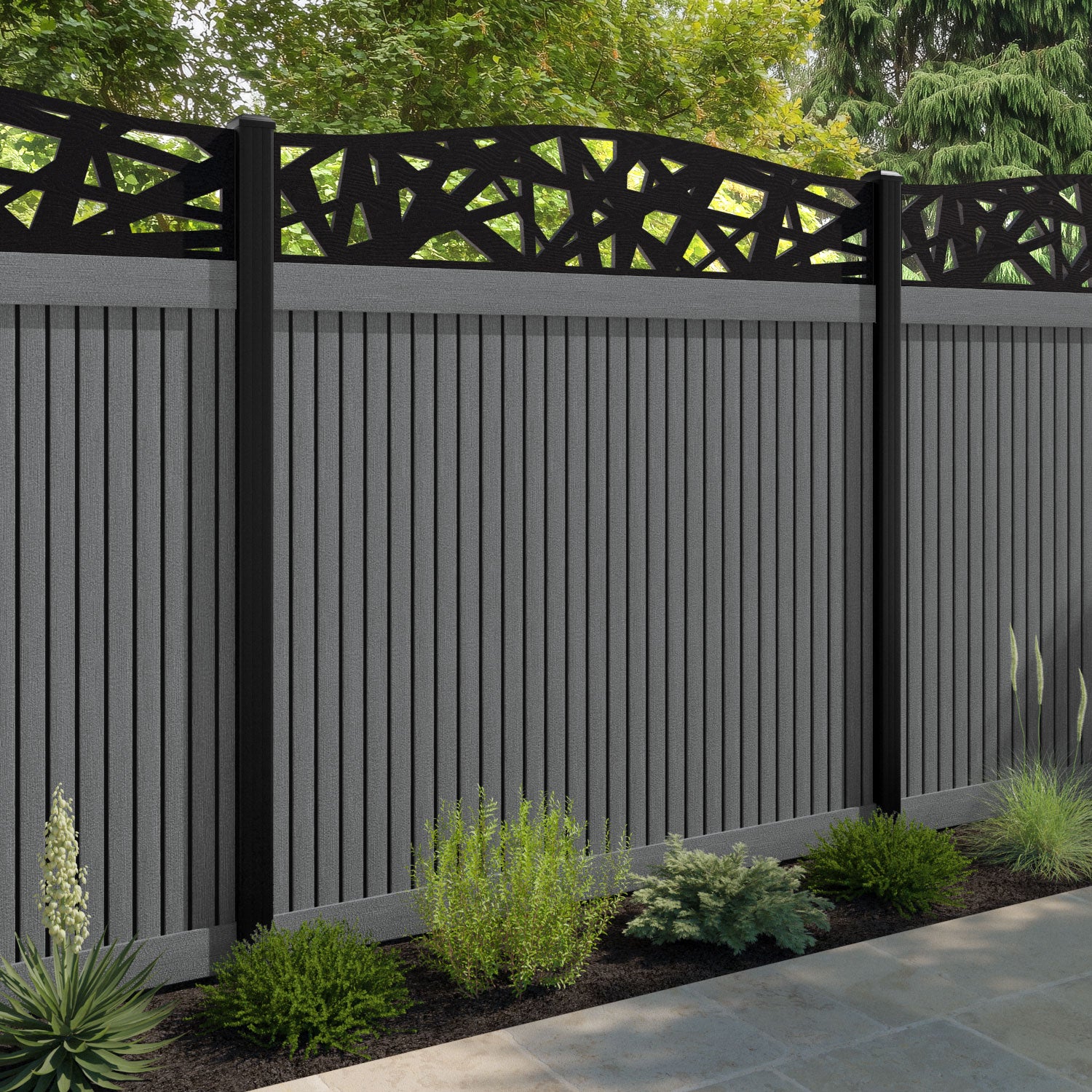 Virtis Prism Curved Top Fence Panel - Mid Grey - with our composite posts