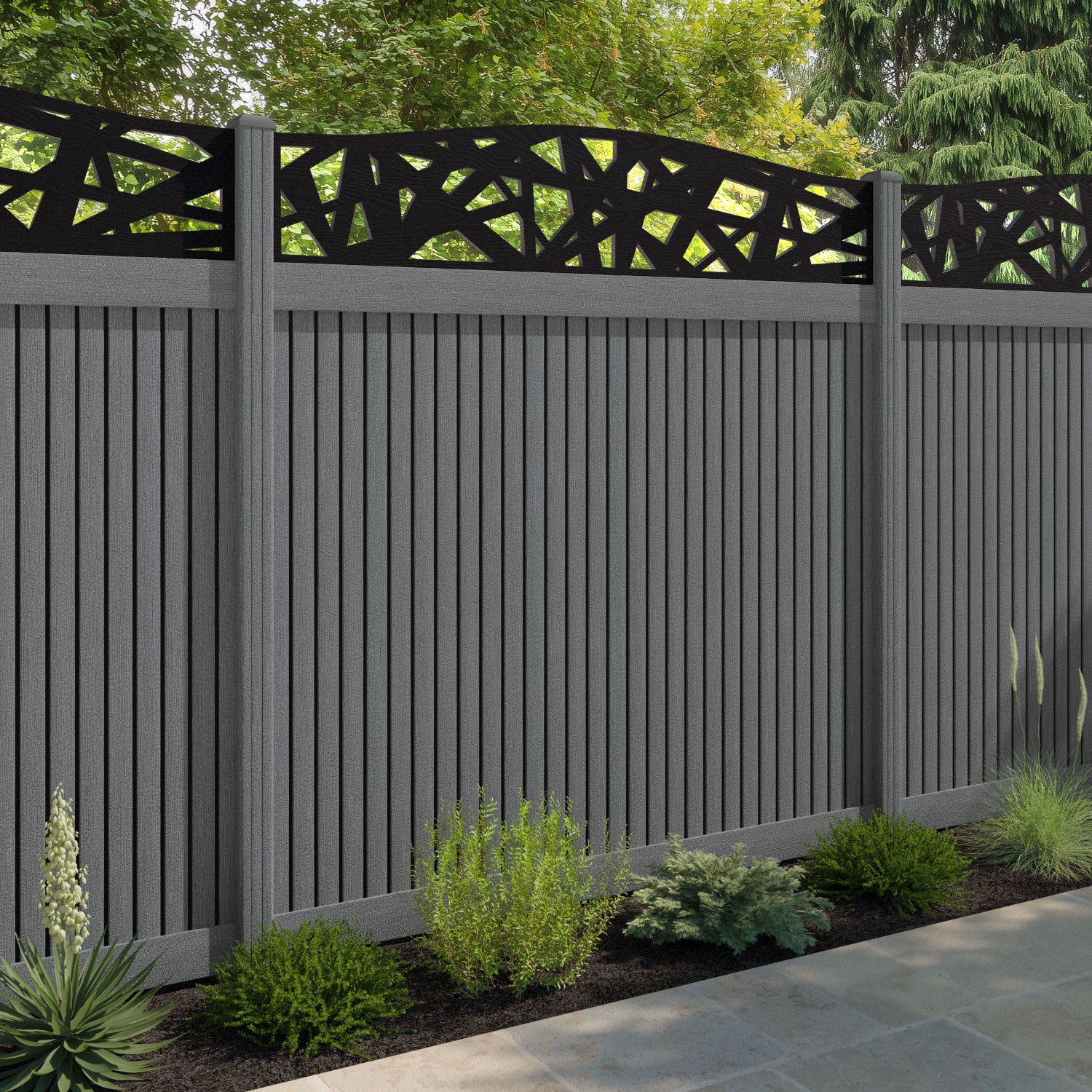 Virtis Prism Curved Top Fence Panel - Mid Grey - with our composite posts