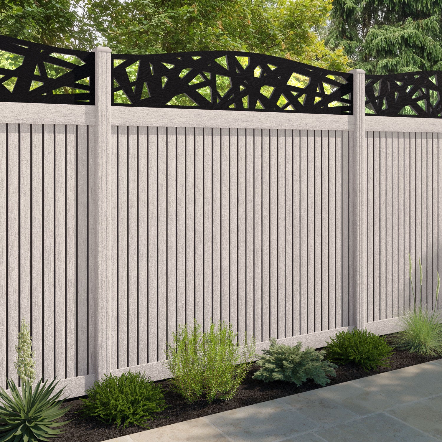 Virtis Prism Curved Top Fence Panel - Mid Stone - with our composite posts