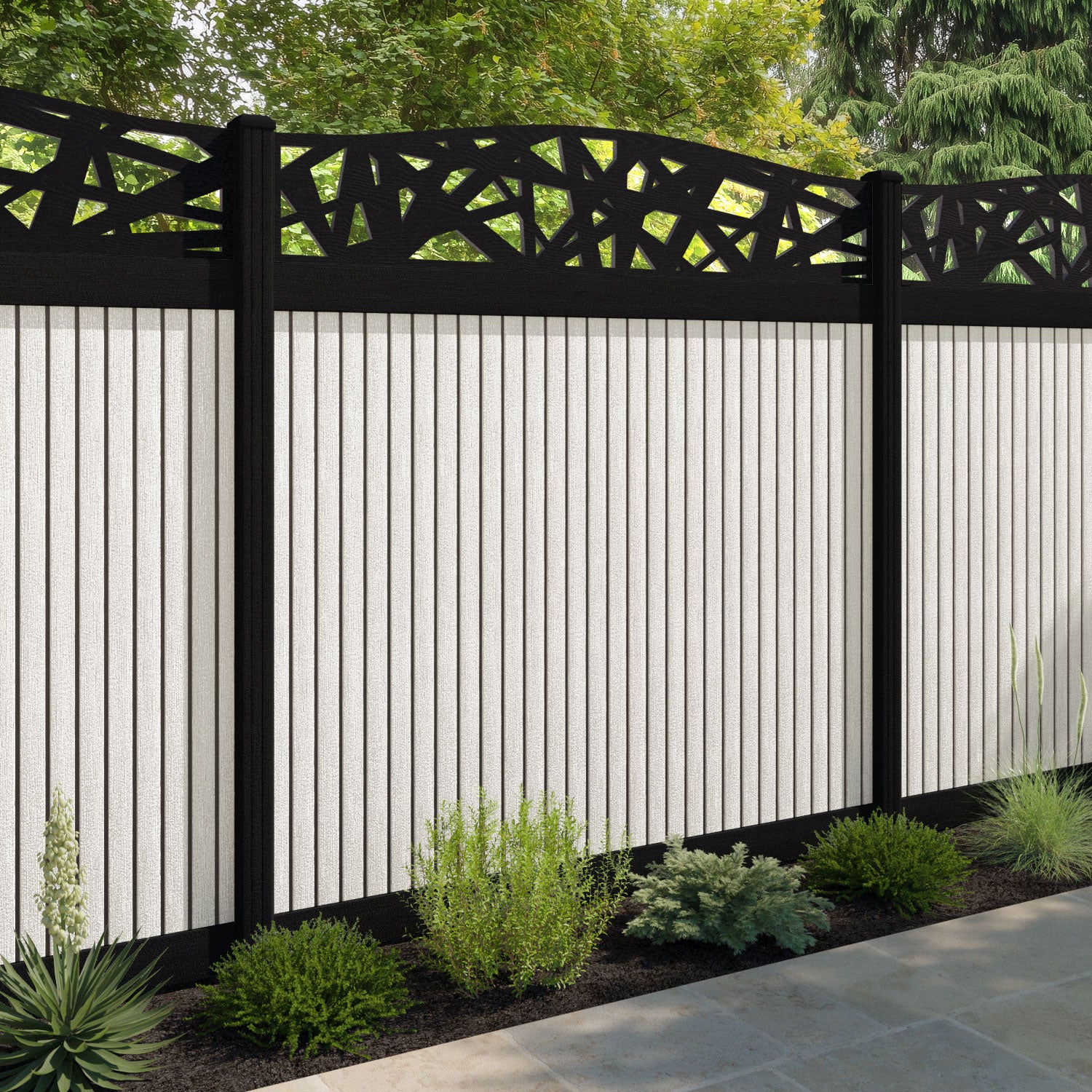 Virtis Prism Curved Top Fence Panel - Light Stone - with our aluminium posts