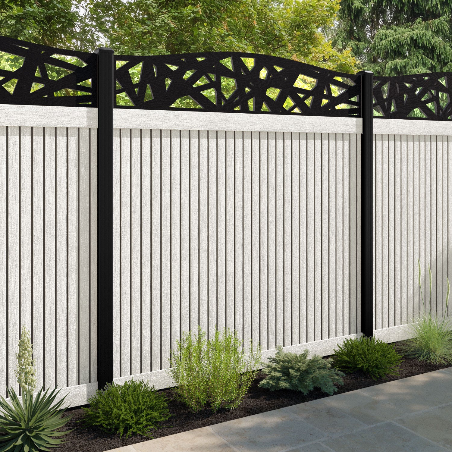 Virtis Prism Curved Top Fence Panel - Light Stone - with our aluminium posts
