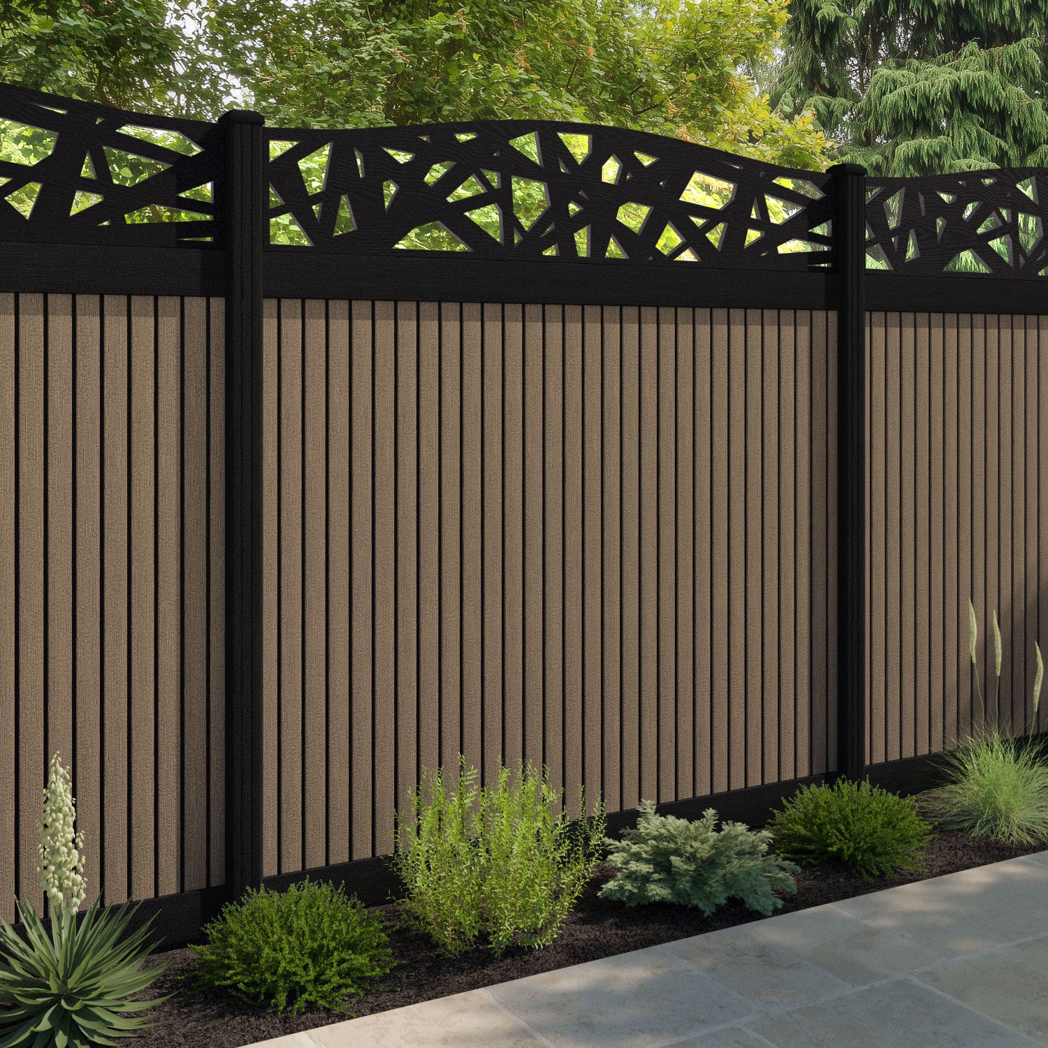 Virtis Prism Curved Top Fence Panel - Teak - with our composite posts