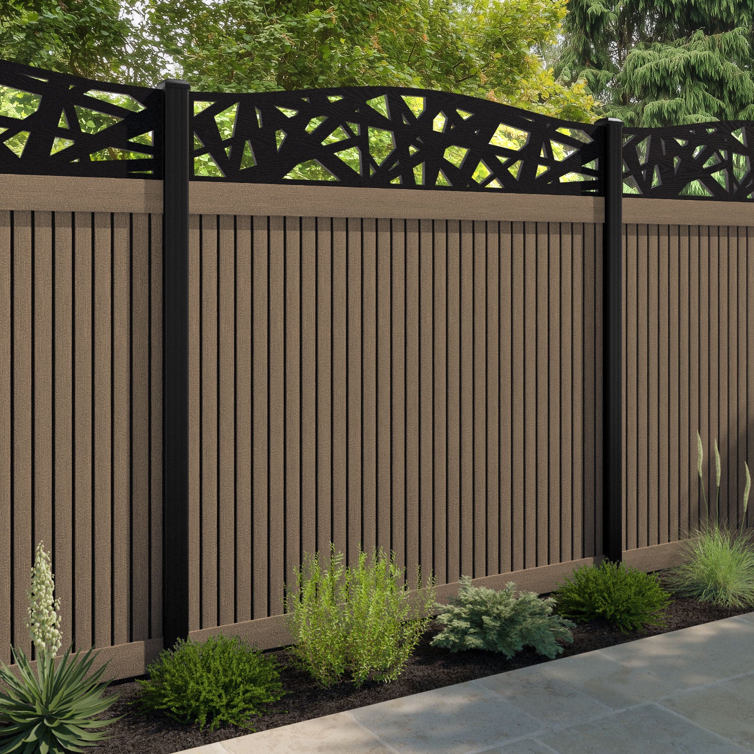 Virtis Prism Curved Top Fence Panel - Teak - with our aluminium posts