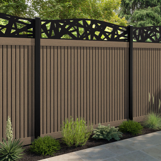 Virtis Prism Curved Top Fence Panel - Teak - with our aluminium posts