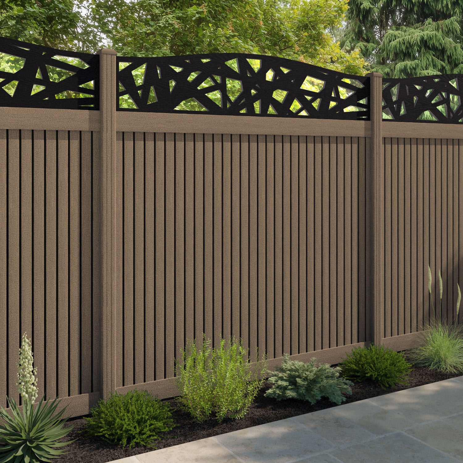 Virtis Prism Curved Top Fence Panel - Teak - with our composite posts