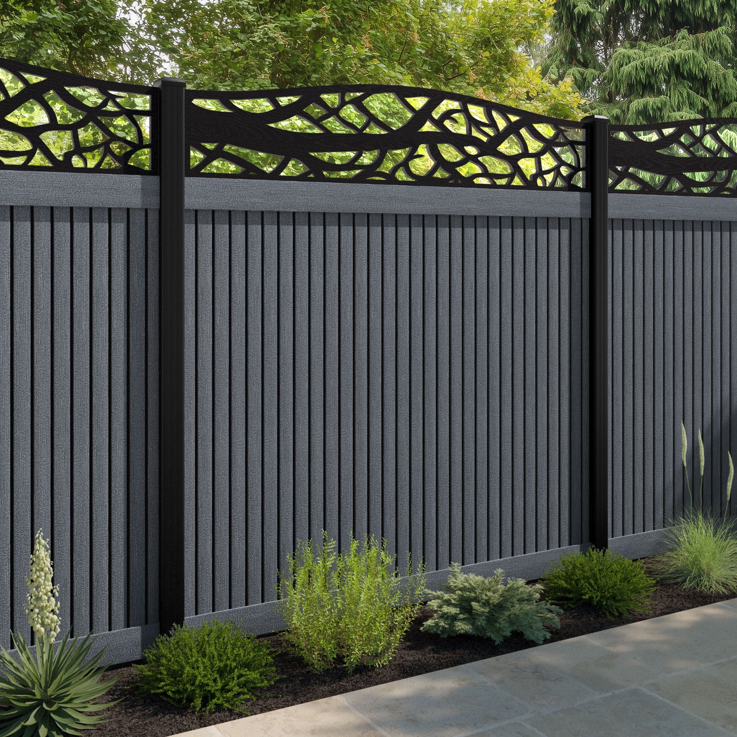 Virtis Twilight Curved Top Fence Panel - Anthracite - with our composite posts