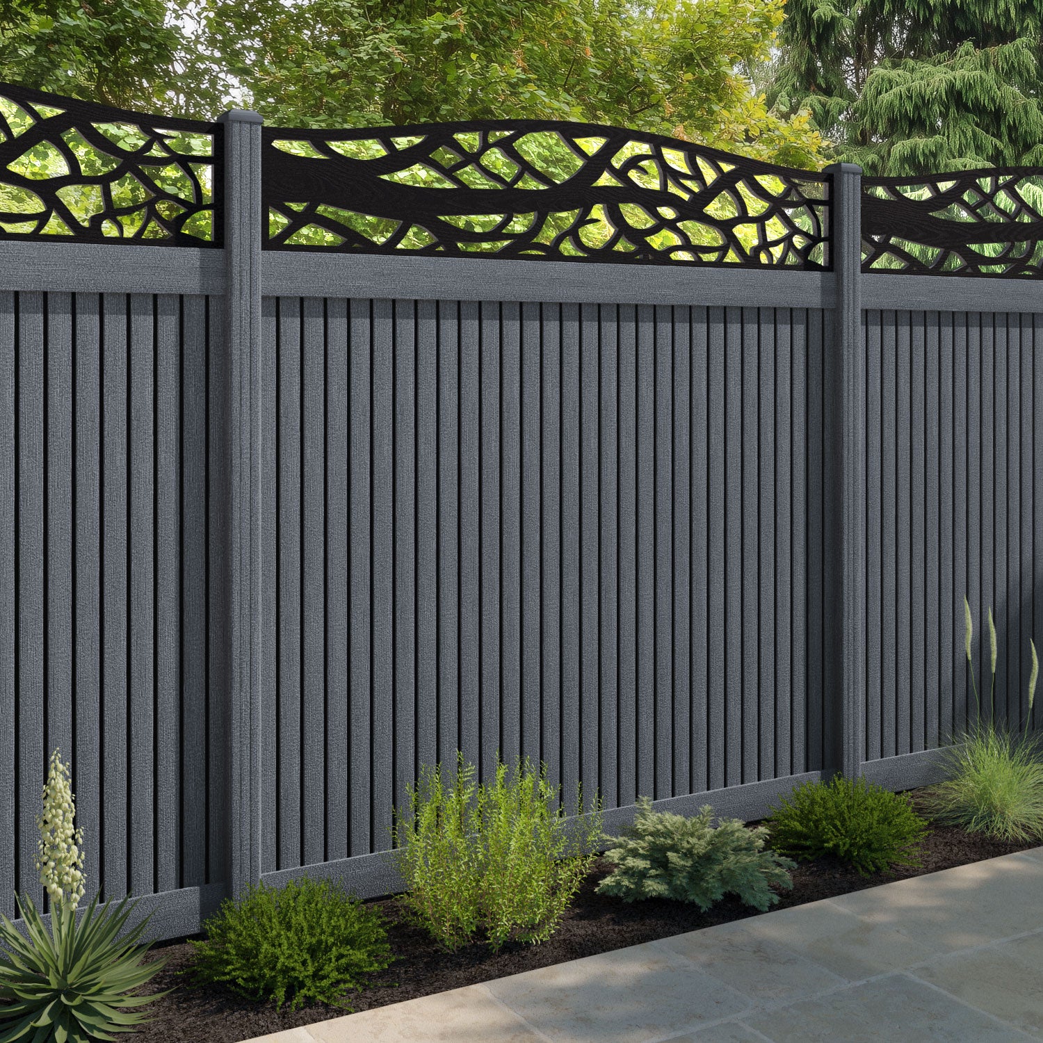 Virtis Twilight Curved Top Fence Panel - Anthracite - with our composite posts