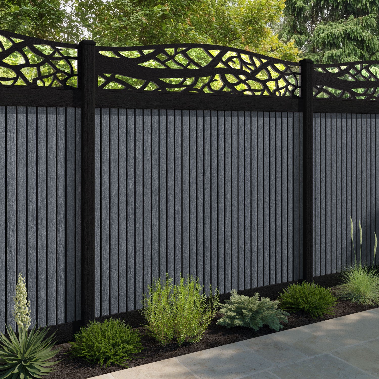 Virtis Twilight Curved Top Fence Panel - Anthracite - with our composite posts