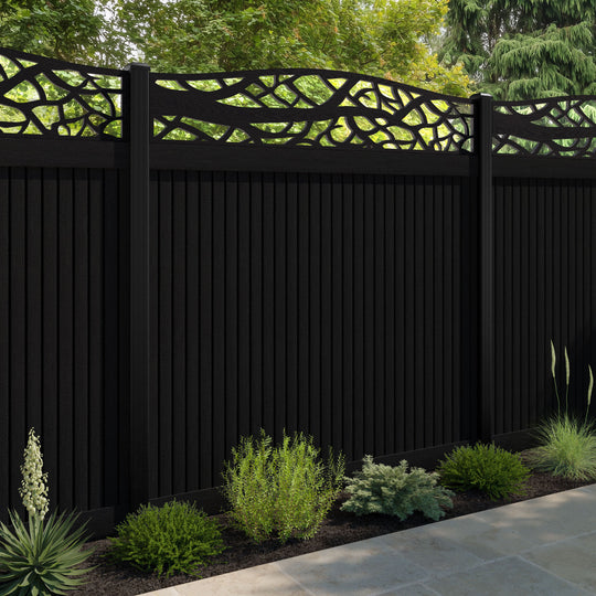 Virtis Twilight Curved Top Fence Panel - Black - with our aluminium posts