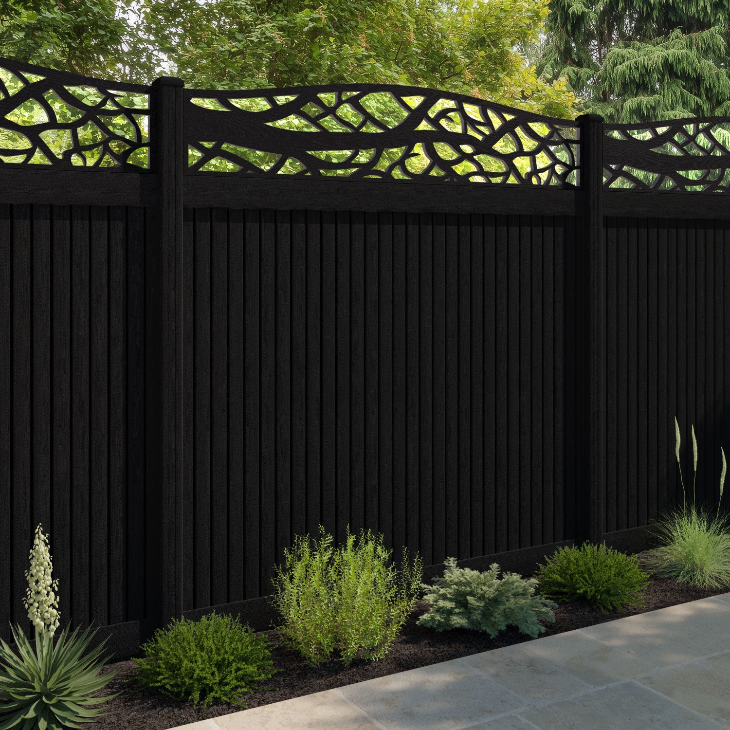 Virtis Twilight Curved Top Fence Panel - Black - with our composite posts